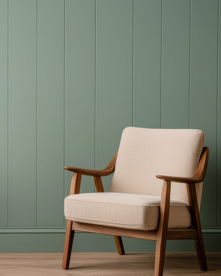 Fauteuil crème contre un mur lambrissé vert.