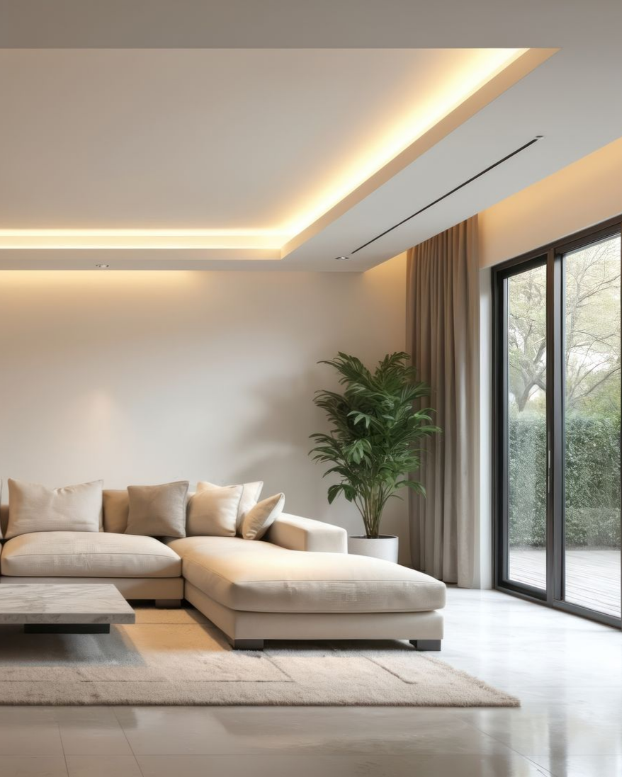 Salon moderne avec canapé d'angle beige, porte-fenêtre coulissante et grande plante en pot.