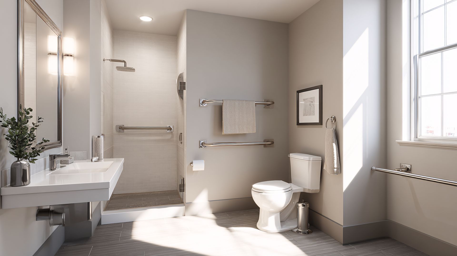 Salle de bain accessible avec douche, toilettes et lavabo. Barres d'appui et espace suffisant pour les aides à la mobilité.