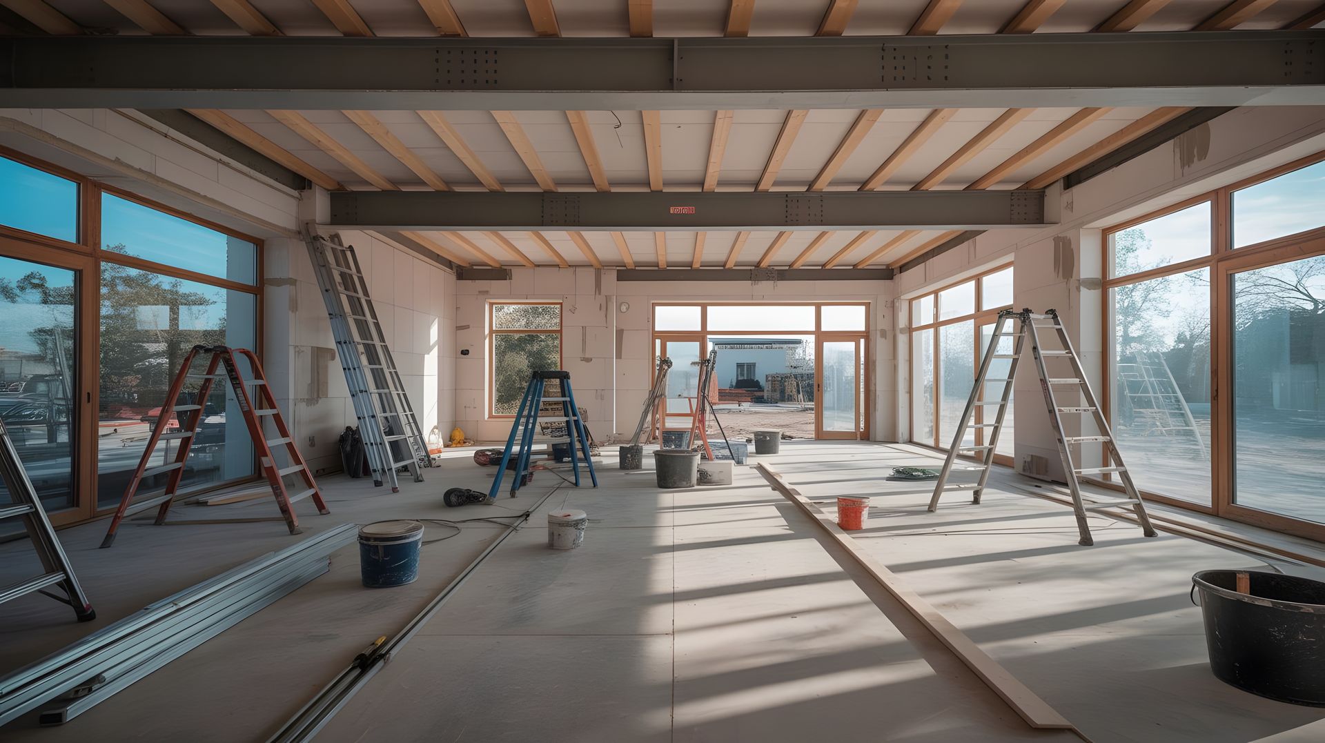 Intérieur d'un bâtiment en construction : échelles, poutres apparentes au plafond, grandes fenêtres, sol en béton, outils.