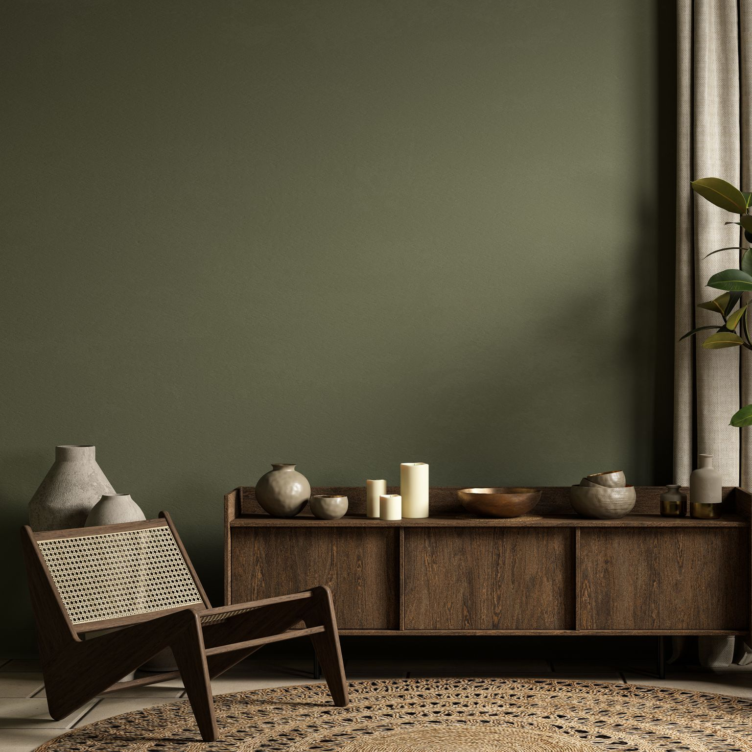 Un meuble en bois, une chaise en osier et un tapis rond en jute sont disposés devant un mur vert foncé orné d'un rideau et d'objets décoratifs.