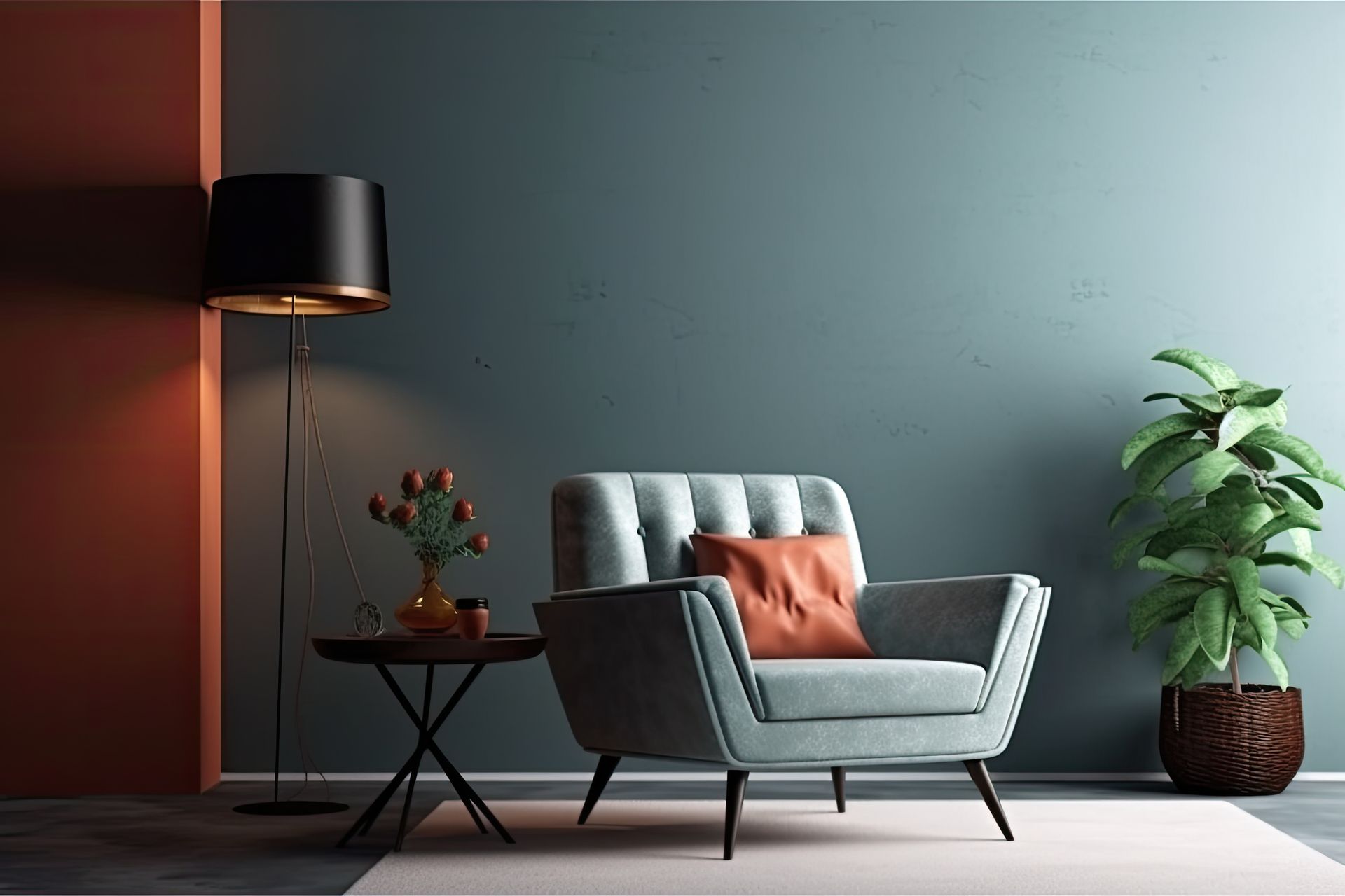 Fauteuil bleu avec coussin orange, lampe, table d'appoint et plante sur des murs bleu sarcelle et rouille.
