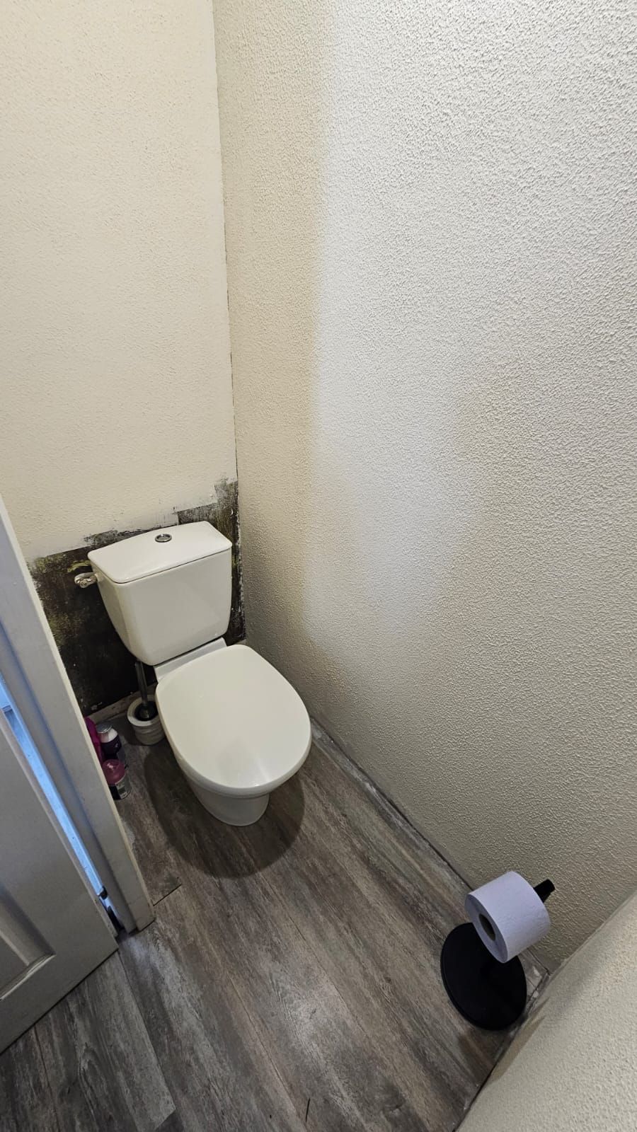 Toilettes dans une petite salle de bains aux murs texturés et au sol imitation bois.