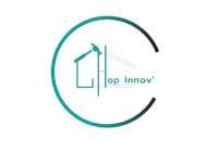 Logo avec un cercle turquoise et des &eacute;l&eacute;ments de construction stylis&eacute;s ; texte &laquo; Hop Innov' &raquo;.