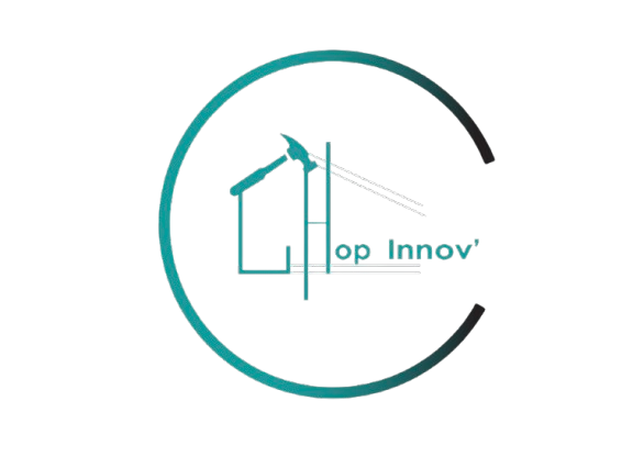 Logo avec un cercle turquoise et des &eacute;l&eacute;ments de construction stylis&eacute;s ; texte &laquo; Hop Innov' &raquo;.