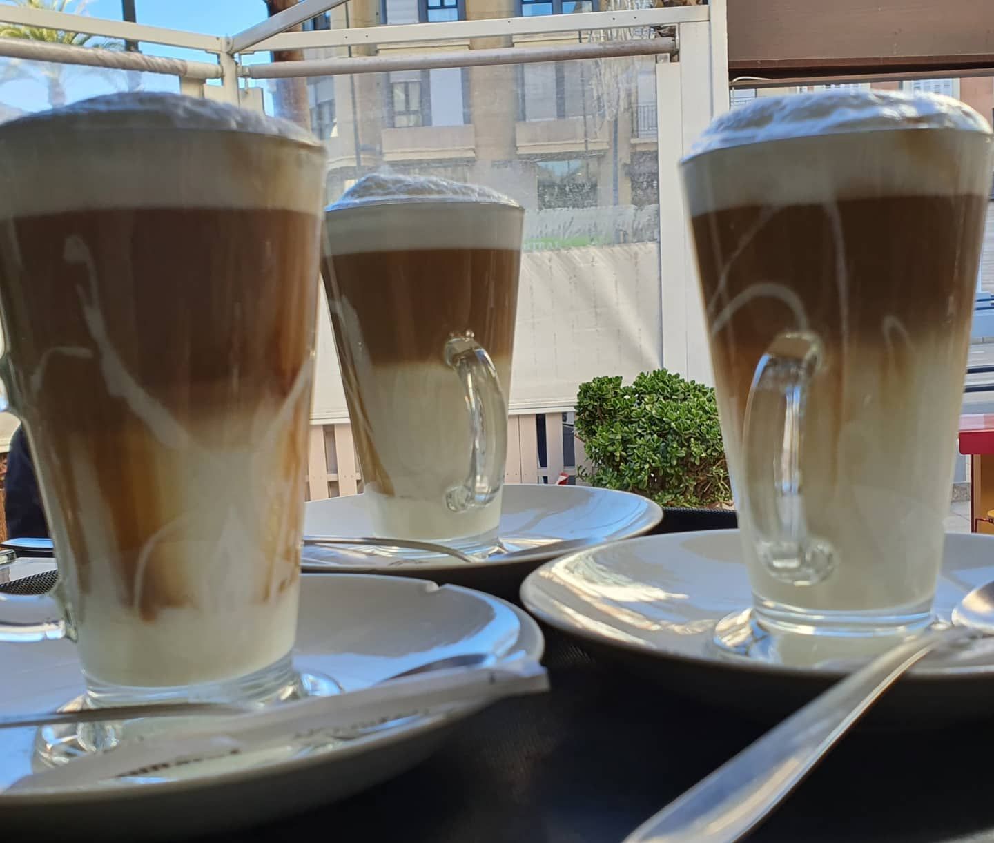 Tres lattes de tres capas en vasos transparentes sobre platillos, en una cafetería al aire libre.