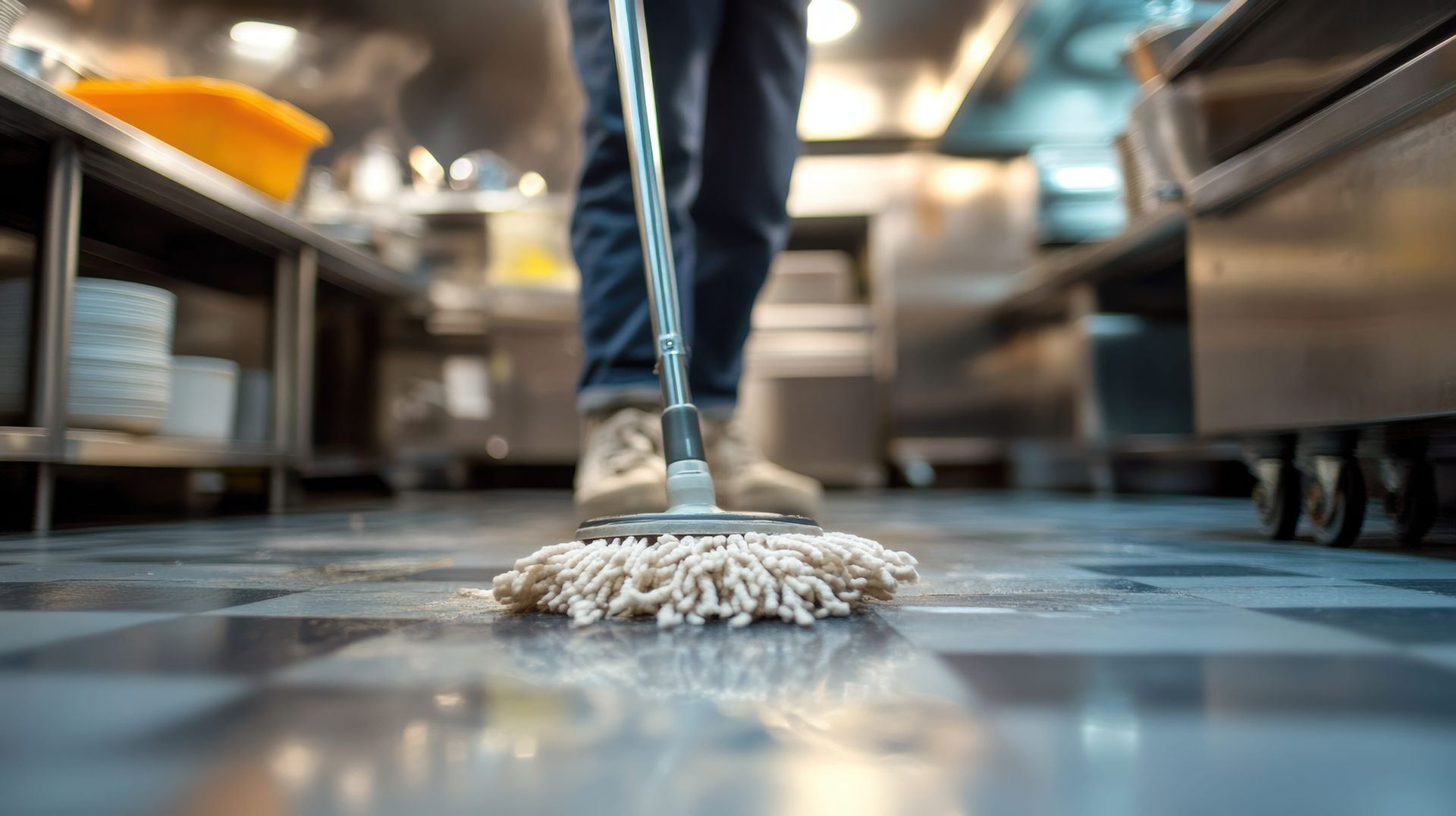 Personne passant la serpillière sur le sol brillant et réfléchissant d'une cuisine commerciale.