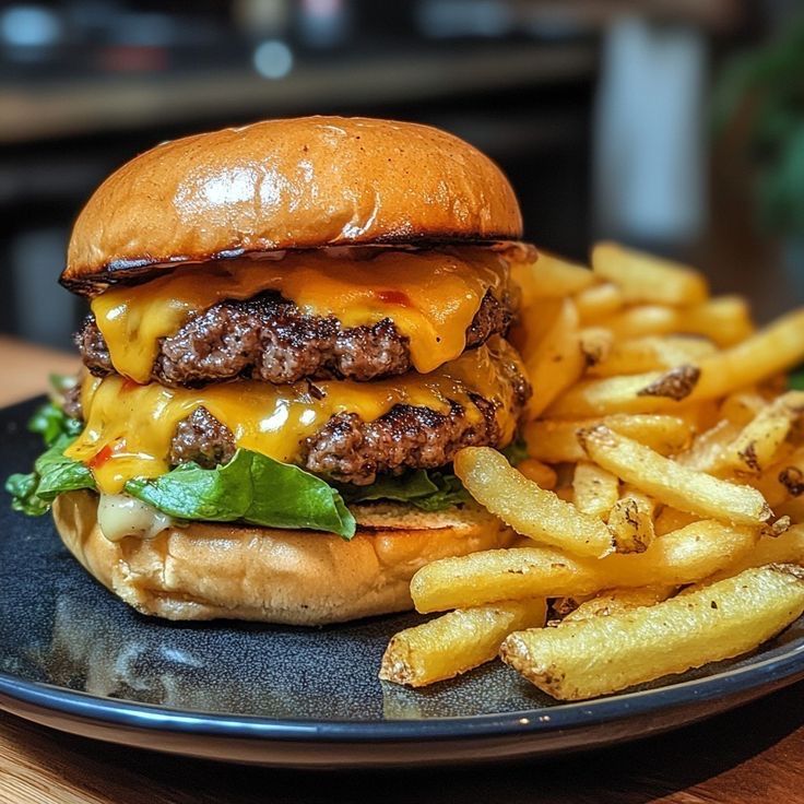 Hamburguesa doble con queso y patatas fritas en plato negro.