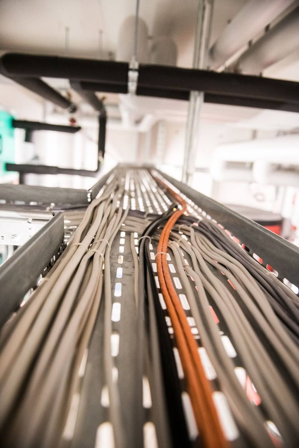 Rickli Elektro GmbH – eine Kabelschiene, über die Kabel an der Decke entlang durch ein Gebäude geführt werden