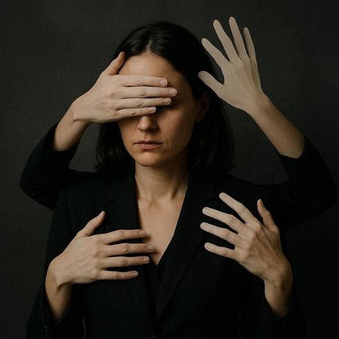 Mujer vestida de negro que se cubre los ojos y el rostro con varias manos sobre un fondo oscuro.