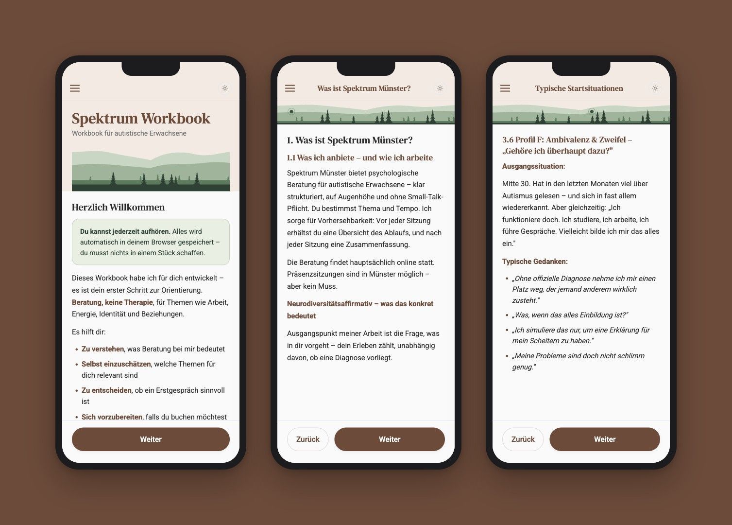 Three smartphone screens showing a green-themed app interface with text pages and brown bottom buttons on a brown background