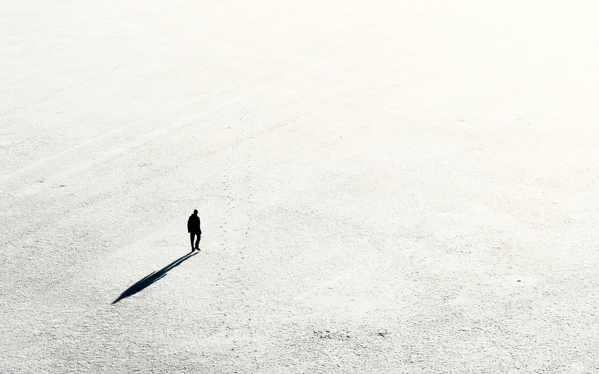 Eine einzelne Person durchquert eine weite, weiße Schneeebene und wirft einen langen Schatten.