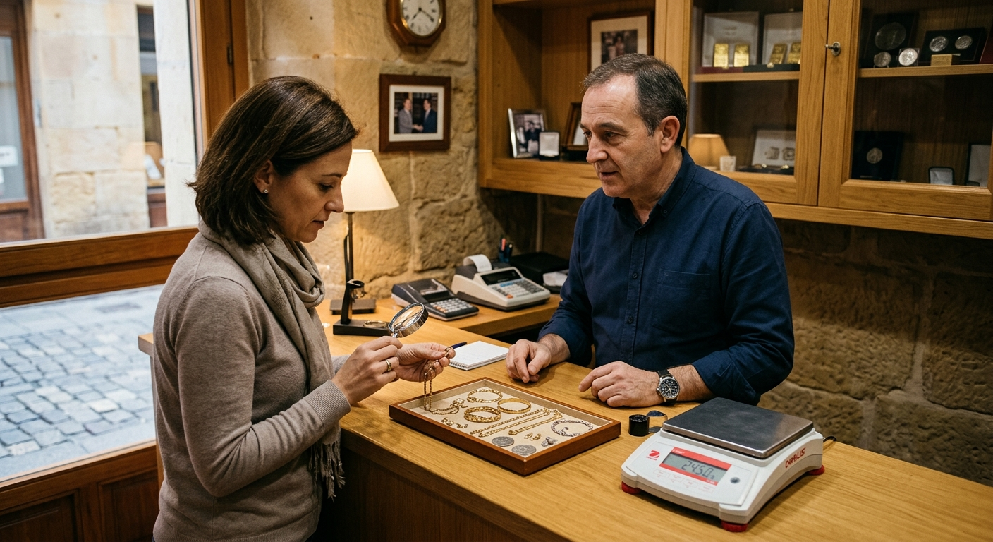 Dos personas discutiendo documentos en un mostrador de madera en una oficina con iluminación cálida.