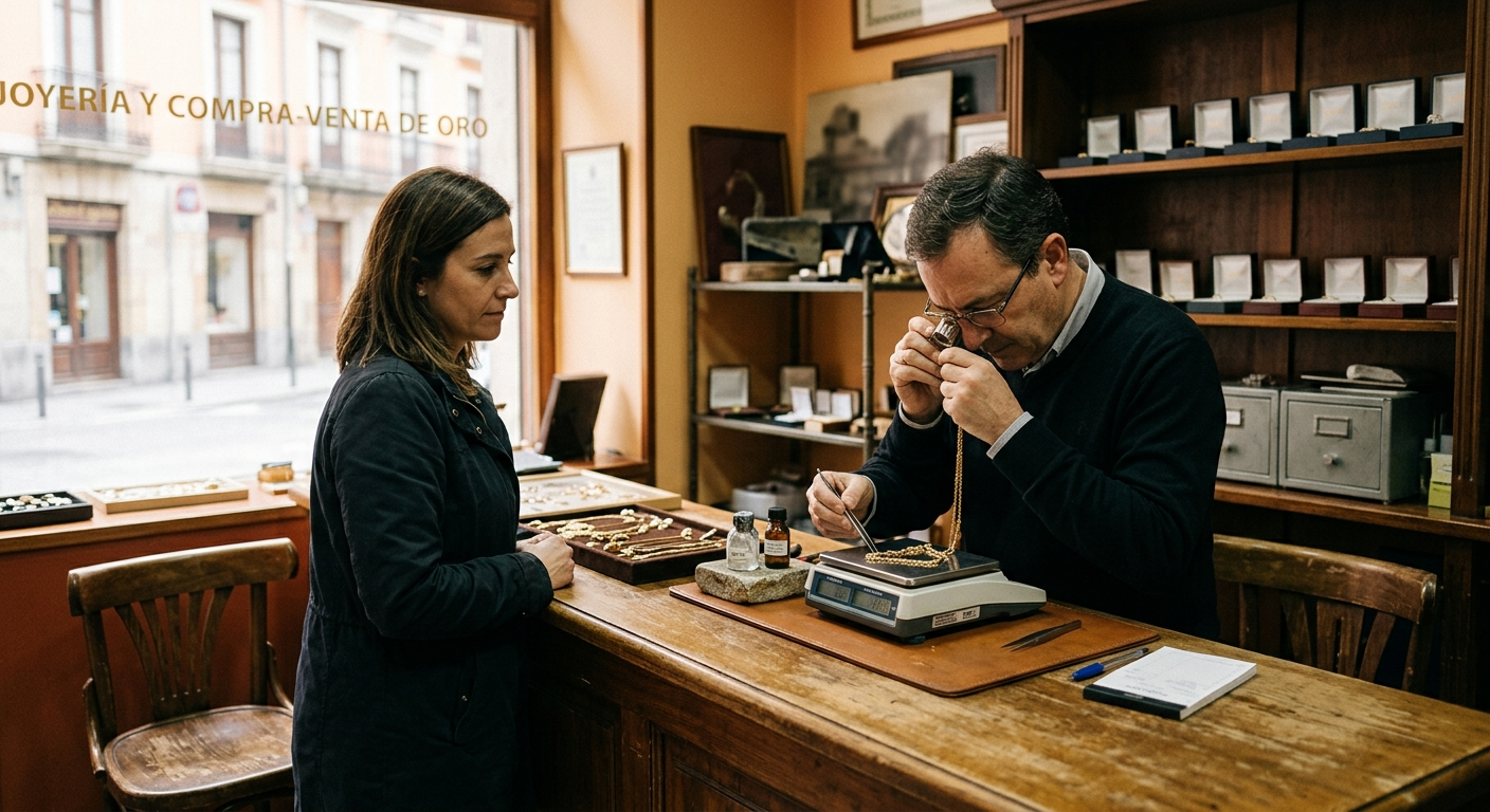 Un cliente y un dependiente se encuentran en un mostrador de madera en una pequeña tienda, examinando un artículo cerca de la caja registradora.