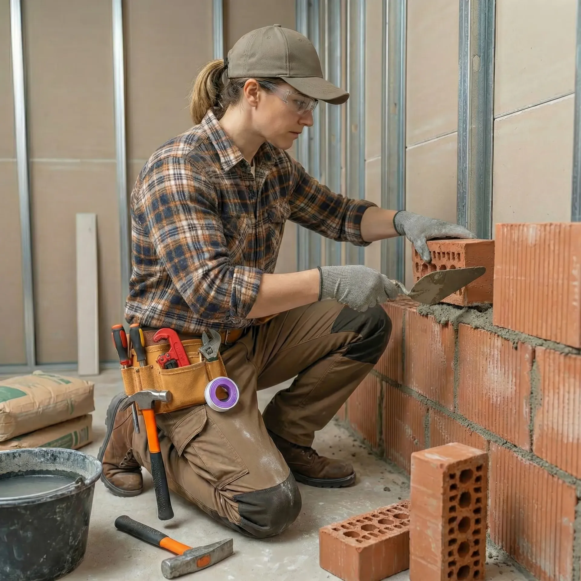 Mujer en ropa de trabajo colocando ladrillos, aplicando mortero a una pared.