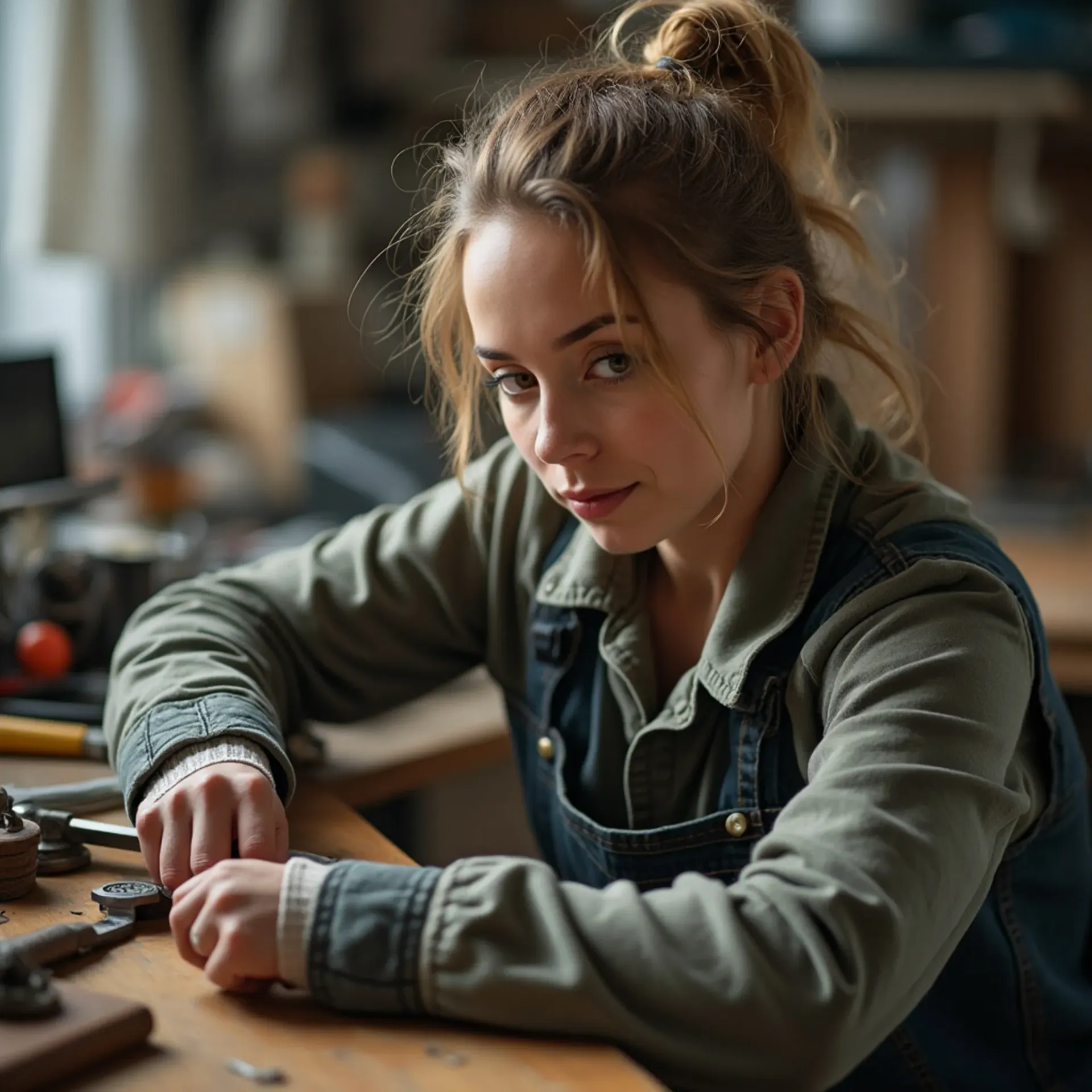 Mujer rubia en un taller, mirando a la cámara. Lleva un delantal y una chaqueta de mezclilla, apoyada en una mesa de madera.