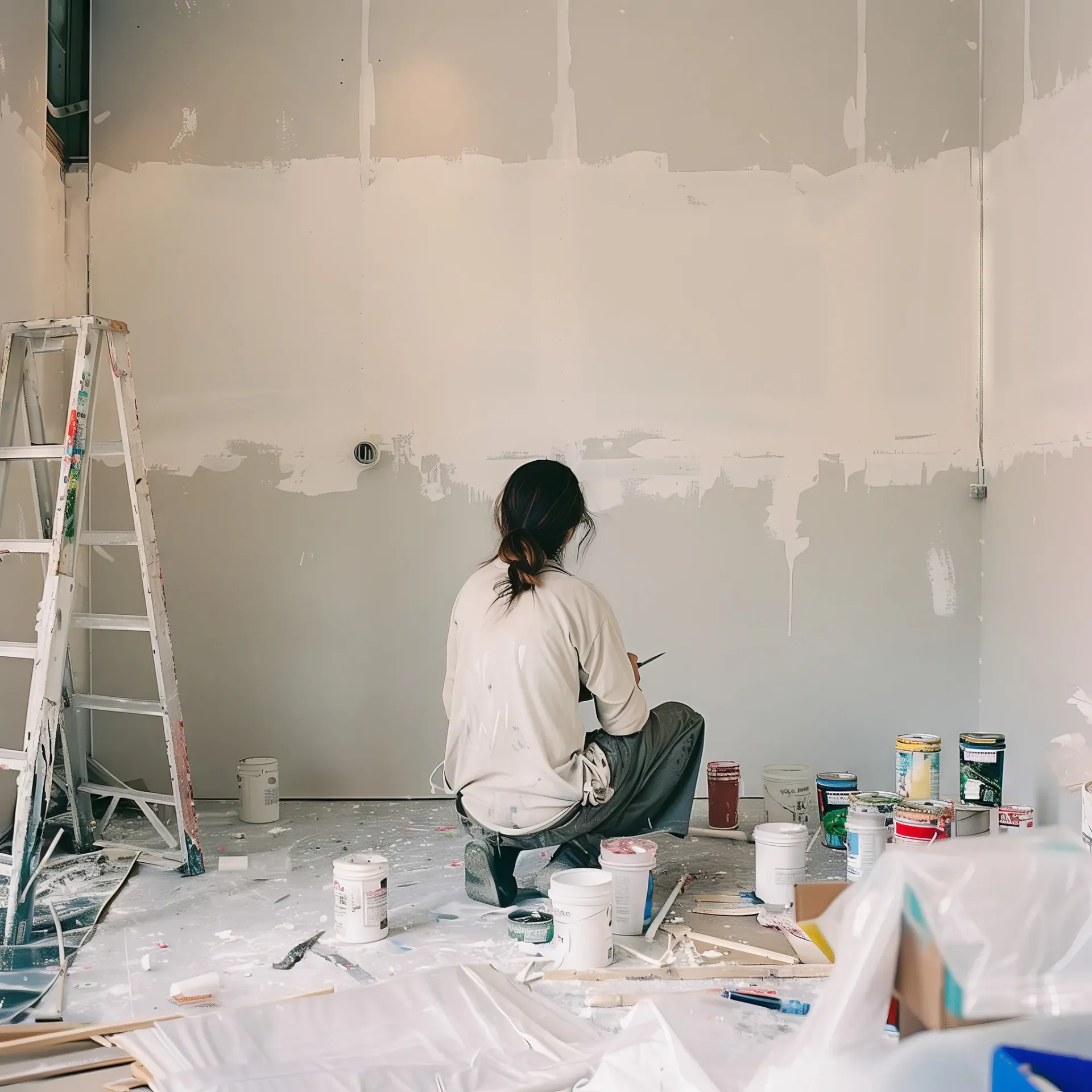 Persona pintando una pared en una habitación en renovación, rodeada de latas de pintura..