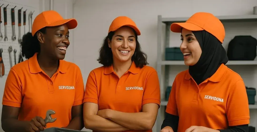 Tres mujeres con uniformes de trabajo de color naranja se ríen en un taller.