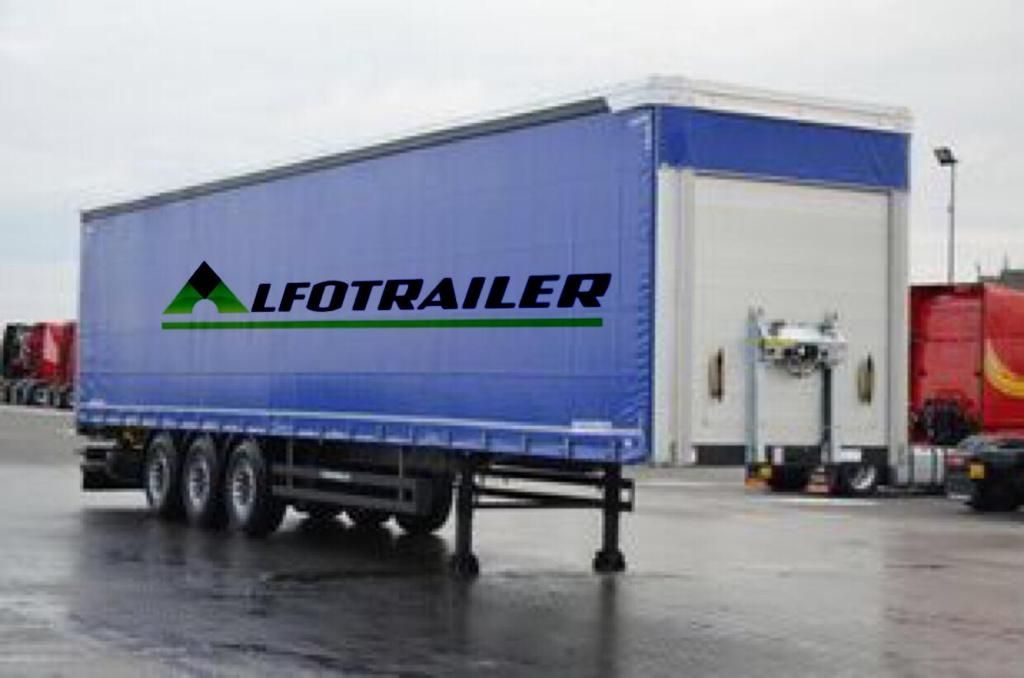 Un remolque azul con la palabra alfotrailer en él