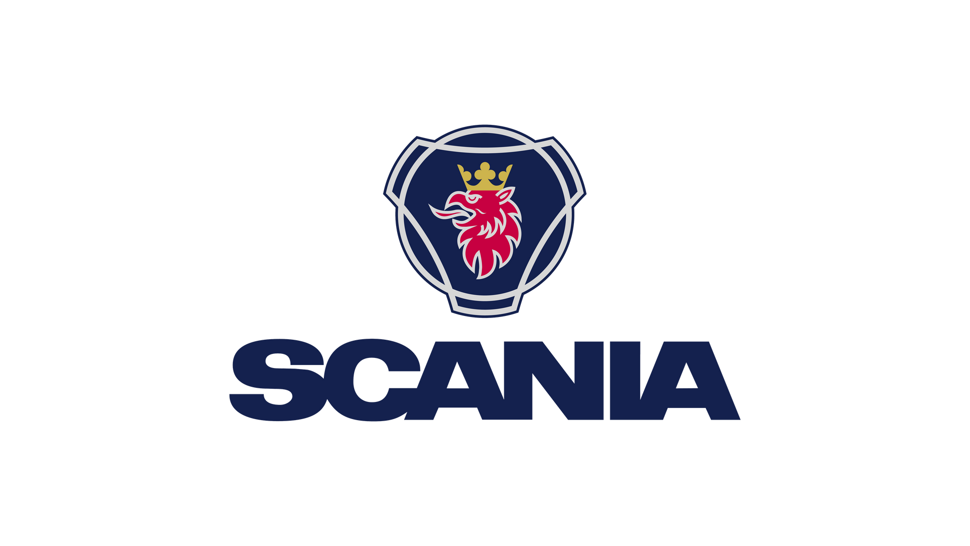 Un logotipo de Scania con un león y una corona sobre un fondo blanco.