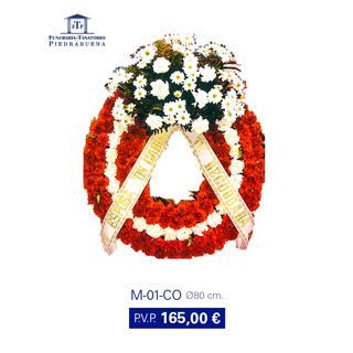 Corona funeraria de flores rojas y blancas con lazo, precio 165,00€.