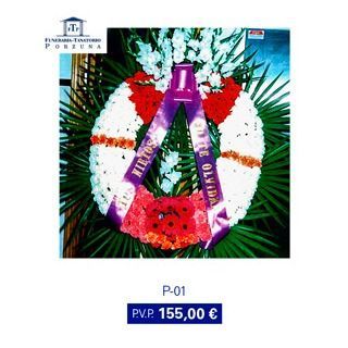 Corona funeraria con flores blancas, rojas y naranjas, cinta morada y etiqueta con precio de 155 euros.