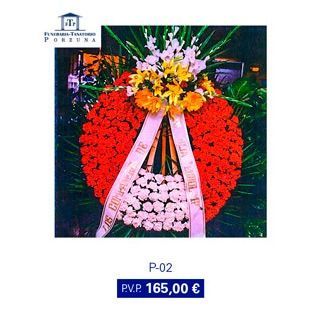 Corona funeraria con flores rojas y blancas, precio 165 euros.