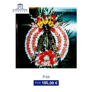 Corona funeraria con flores rojas, blancas y amarillas, cinta negra, precio: 185,00 €.
