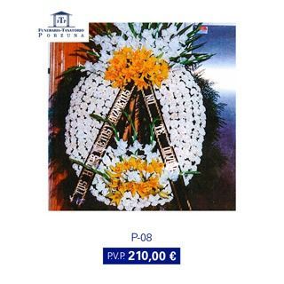 Corona funeraria con flores blancas y amarillas, cintas negras y un precio de 210,00€.