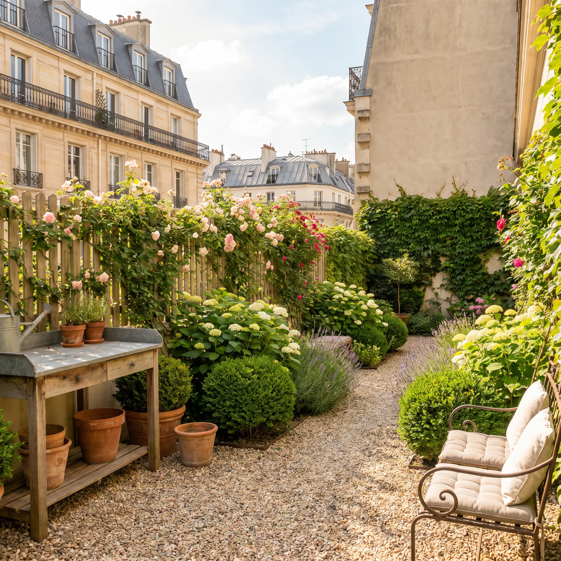 Charmant jardin parisien avec fleurs, allée de gravier, plantes en pot et un banc à côté de bâtiments classiques en pierre.