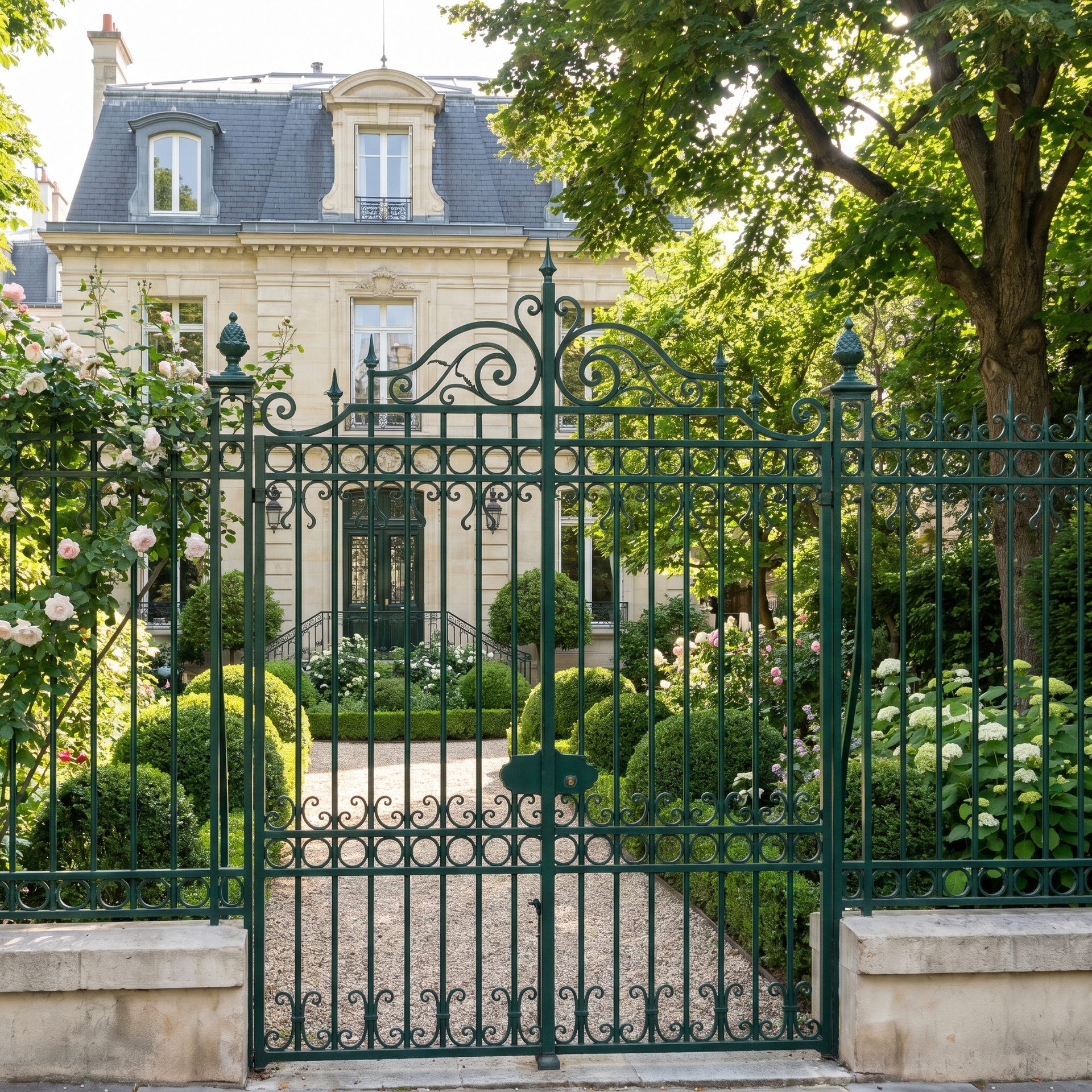 Élégante maison derrière un portail en fer forgé vert, encadrée par une végétation luxuriante.
