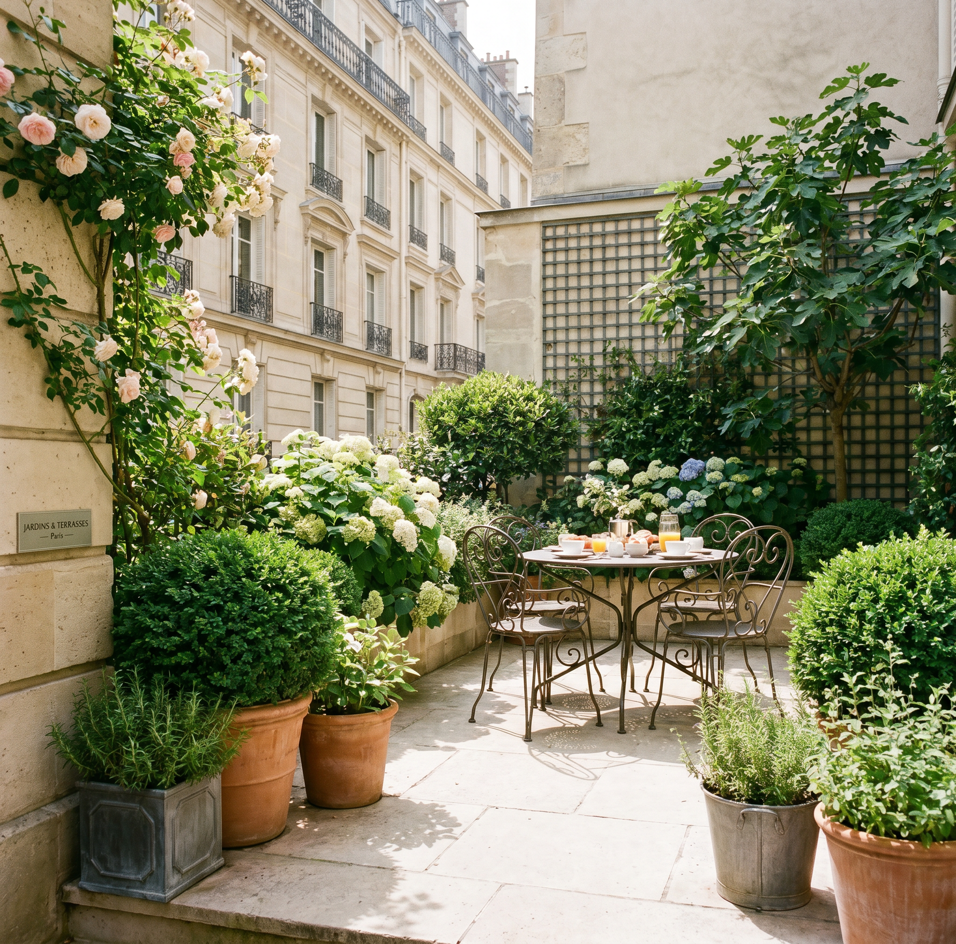 Charmante cour intérieure, avec fleurs en pot, verdure et table à côté de bâtiments couleur crème