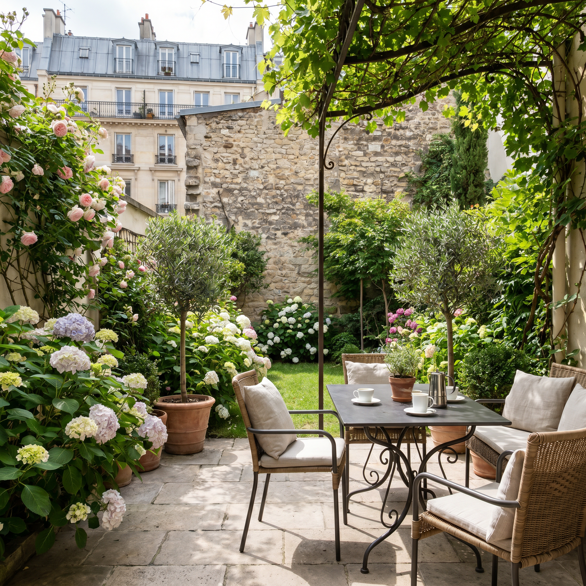 Terrasse ensoleillée avec chaises et table en osier, bordée d'hortensias en fleurs et de murs en pierre.