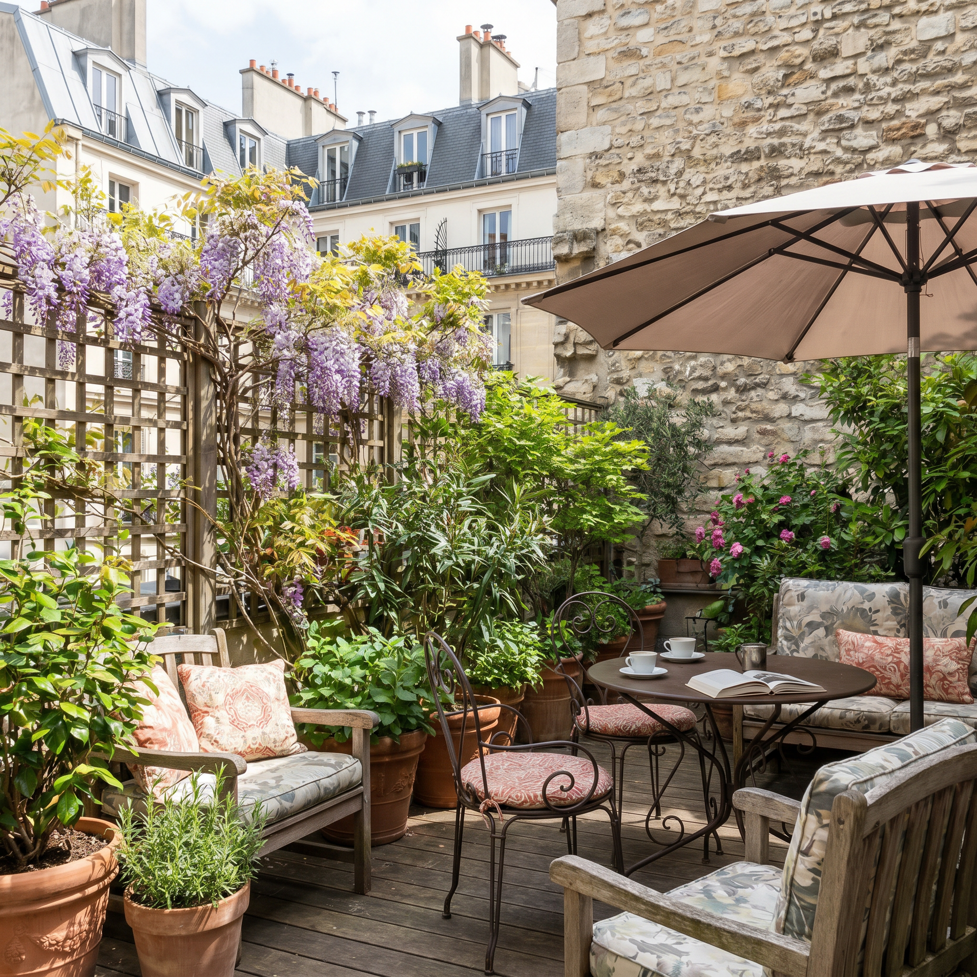 Jardin-terrasse en pierre accueillant avec sièges rembourrés, parasol, fleurs en pot et glycine grimpante.