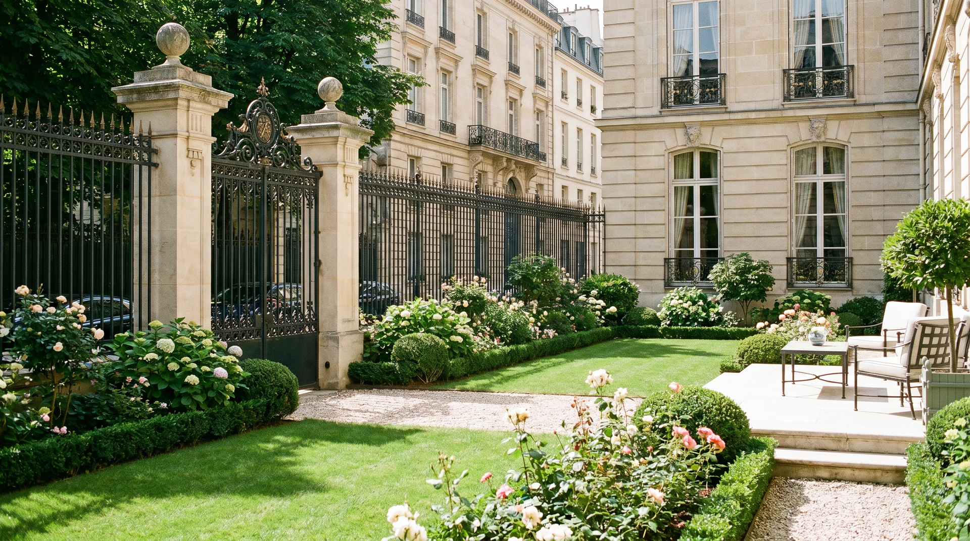 Élégant jardin intérieur avec haies taillées, allée en pierre, portail en fer forgé et chaises blanches près d'un bâtiment historique