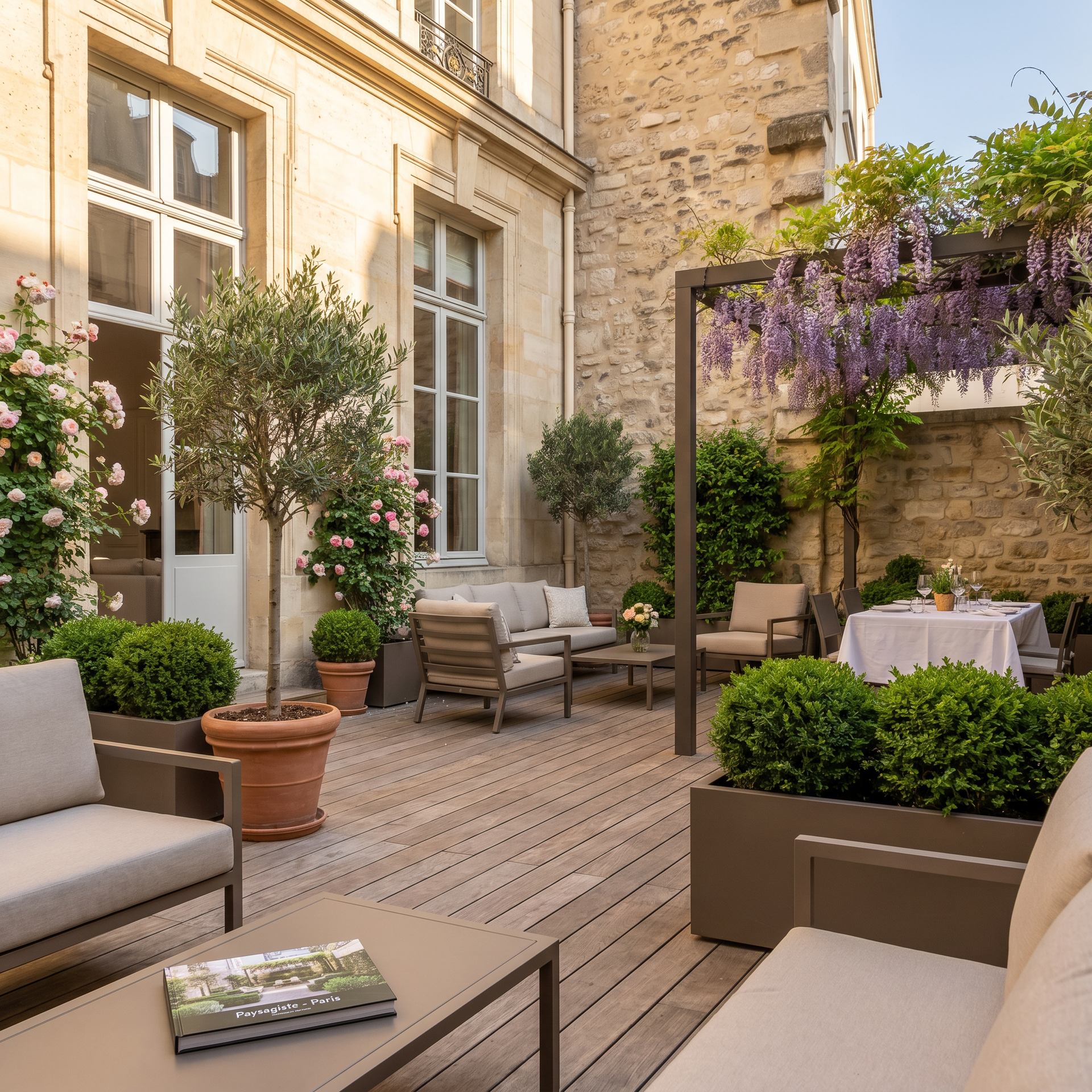Élégante cour extérieure avec sièges en osier, plantes en pot et une table sous des glycines violettes.