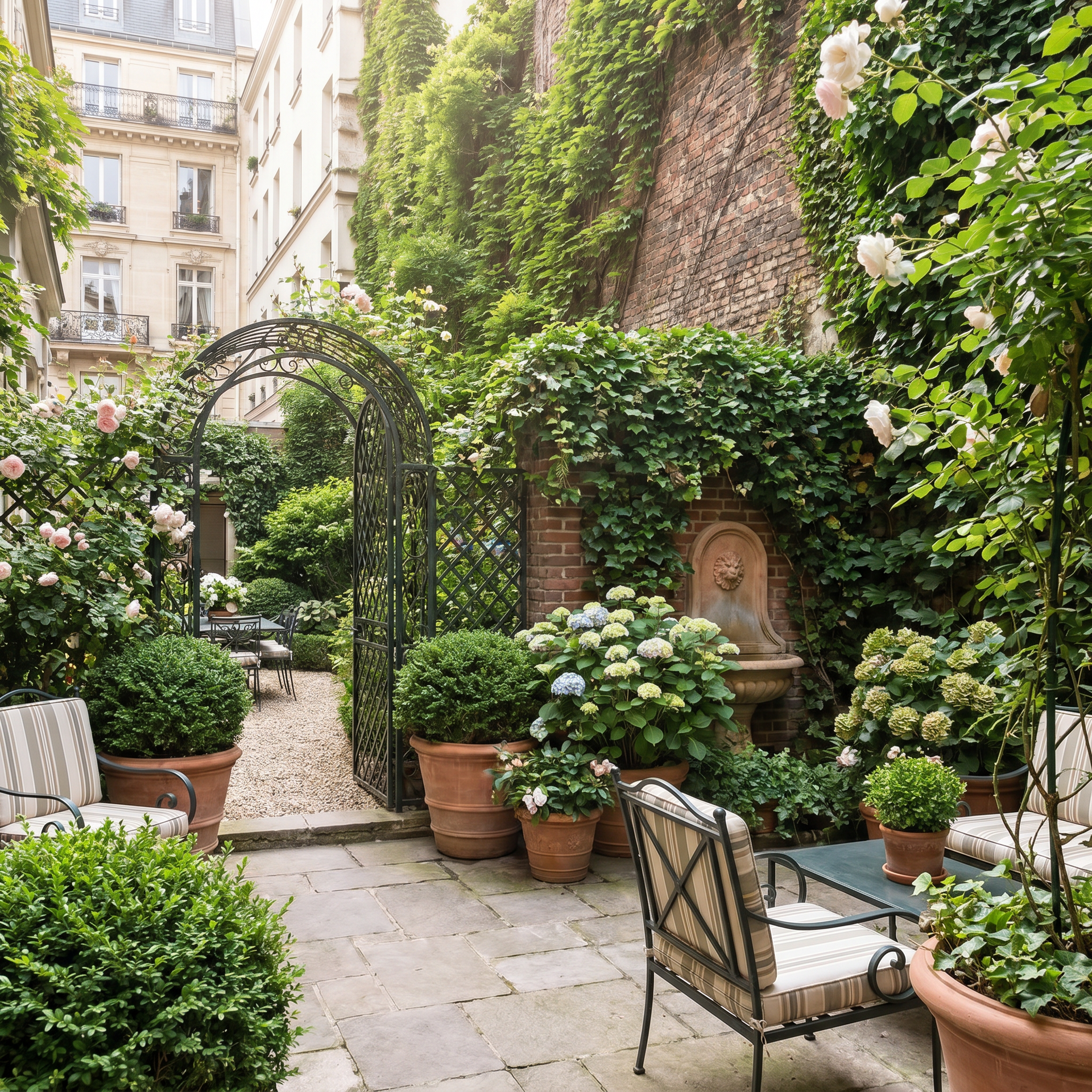 Cour intérieure luxuriante avec chemin de pierre, hortensias en pot, murs recouverts de lierre et banc en fer forgé.