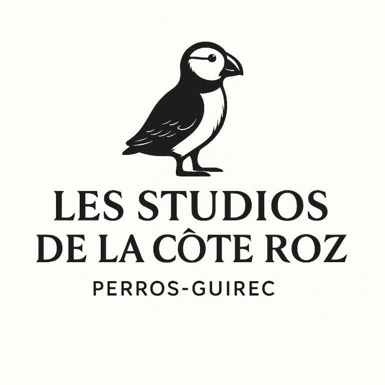 Logo for Les Studios de la C&ocirc;te Roz, Perros-Guirec: Puffin bird over text. Black and white.