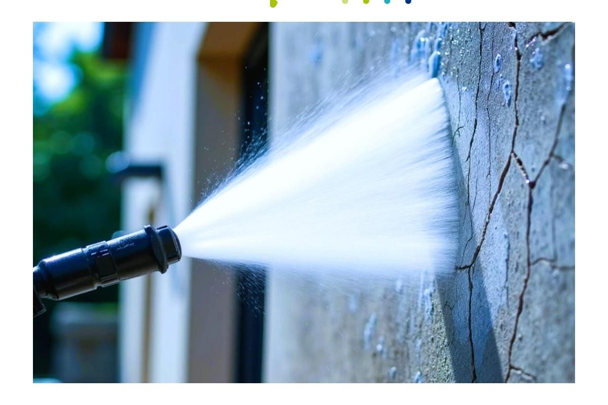 Pressure washer spraying water against an outdoor wall, creating a white mist.