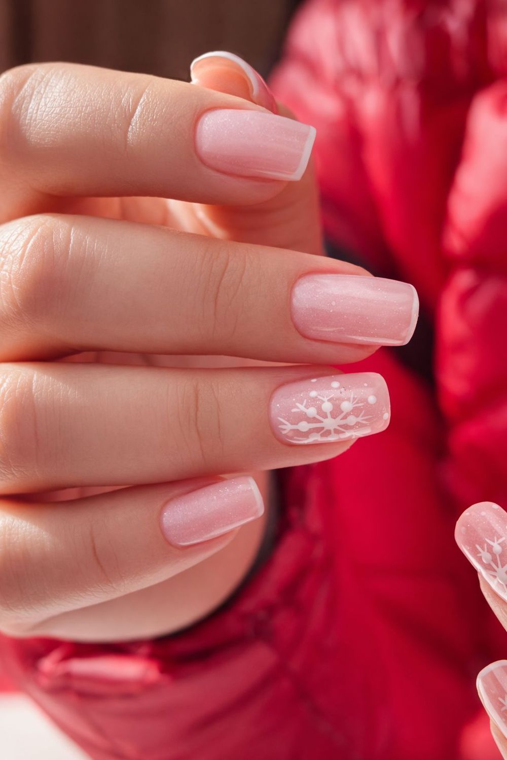 Primer plano de una mano con uñas cuadradas de color rosa claro