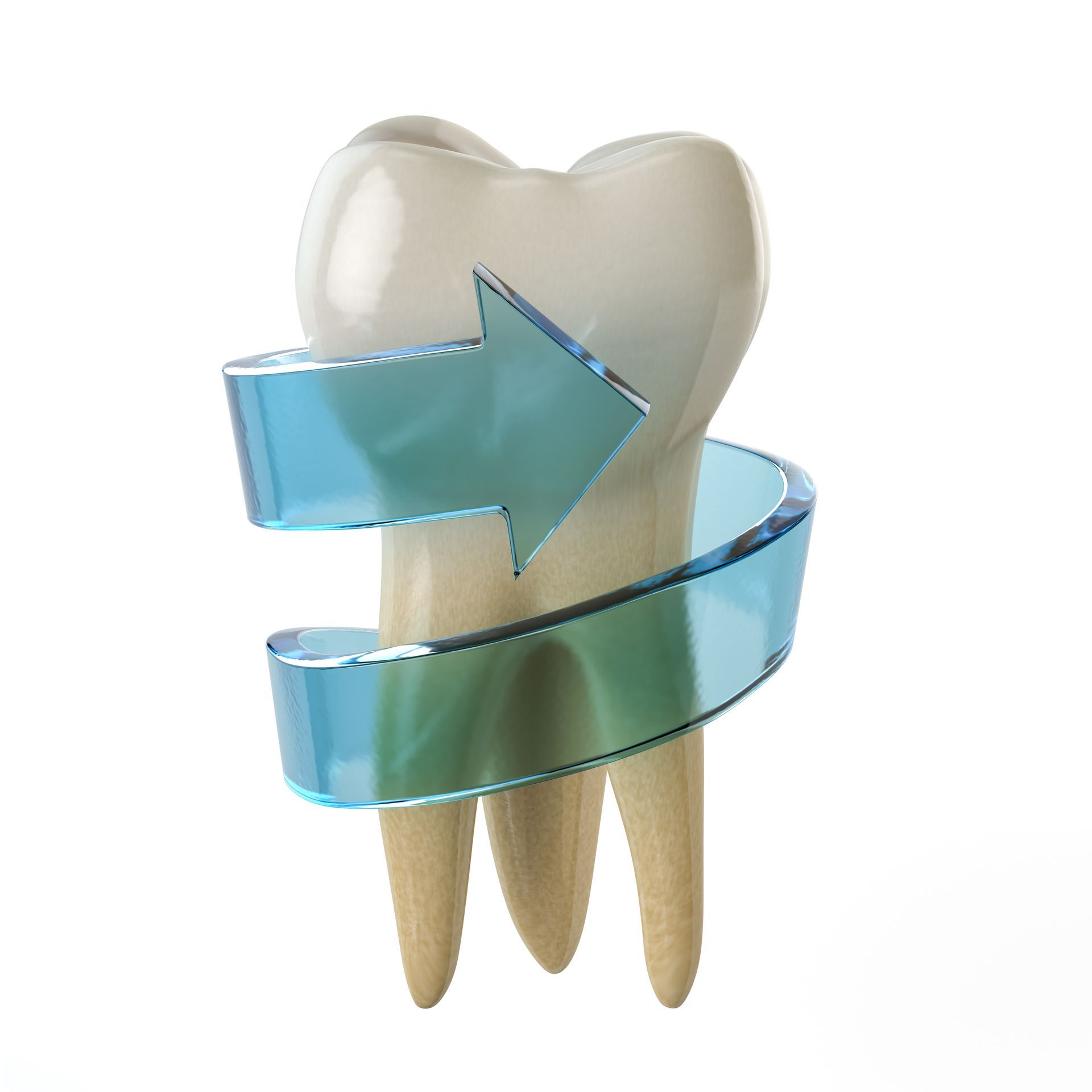 3D tooth with blue-green arrow wrapping around it, suggesting dental care or treatment movement