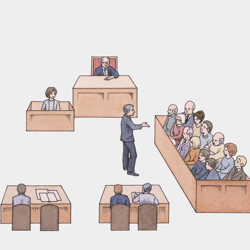Scène de tribunal avec un juge, des avocats, un jury et des témoins lors d'un procès.