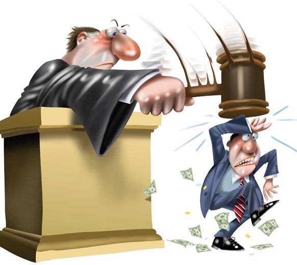 Un juge, le marteau à la main, frappe un homme d'affaires frustré, qui est écrasé et bombardé de billets de banque.