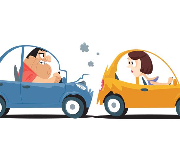Deux voitures, une bleue et une orange, se heurtent pare-chocs contre pare-chocs, les conducteurs se fusillant du regard.