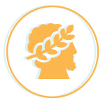 Silhouette orange de profil avec une couronne de laurier à l'intérieur d'un fin cercle orange