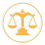 Icône orange de la balance de la justice à l'intérieur d'un contour circulaire