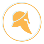 Logo d'un casque spartiate orange à l'intérieur d'un fin cercle orange sur fond blanc