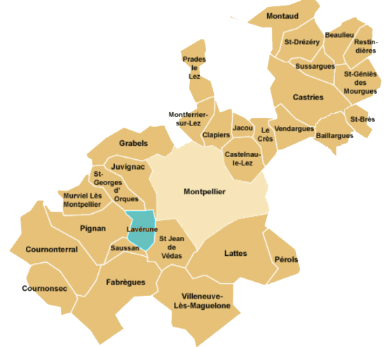 Carte des communes de la région de Montpellier, en beige avec des étiquettes noires et un centre turquoise mettant en évidence Lavérune.