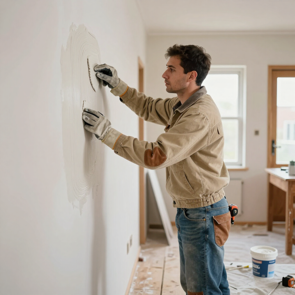 Persona enyesando una pared blanca en una habitación luminosa con herramientas y materiales de pintura cerca.