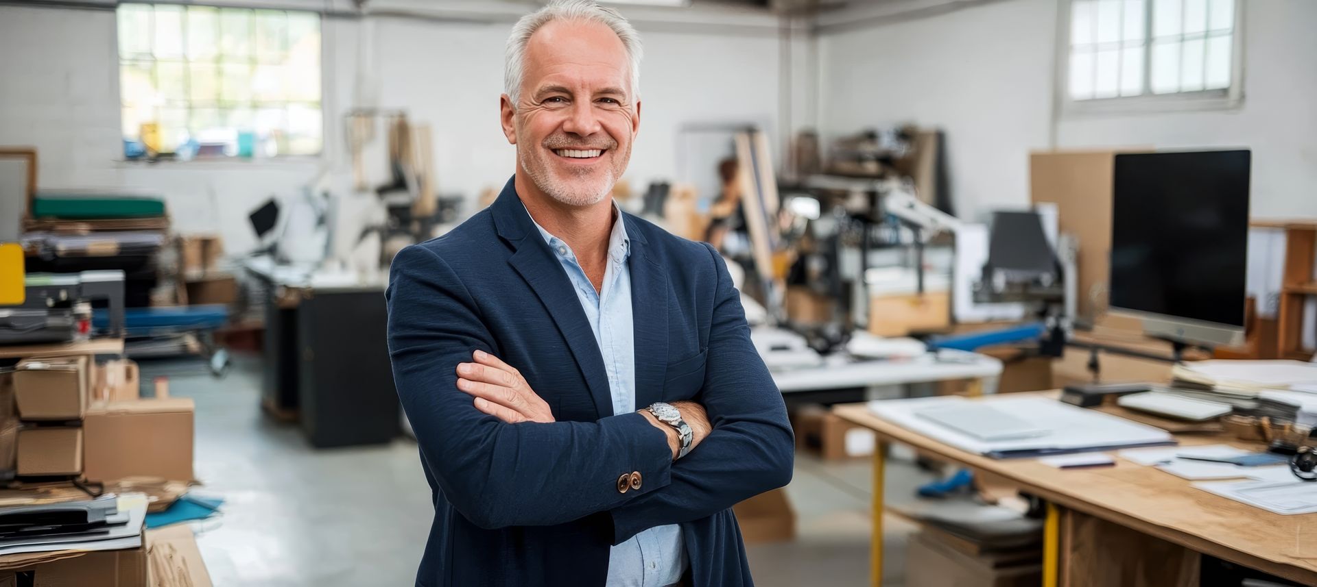 Un professionnel en blazer, les bras croisés, souriant dans un bureau ou un atelier bien éclairé, avec des bureaux et des ordinateurs.